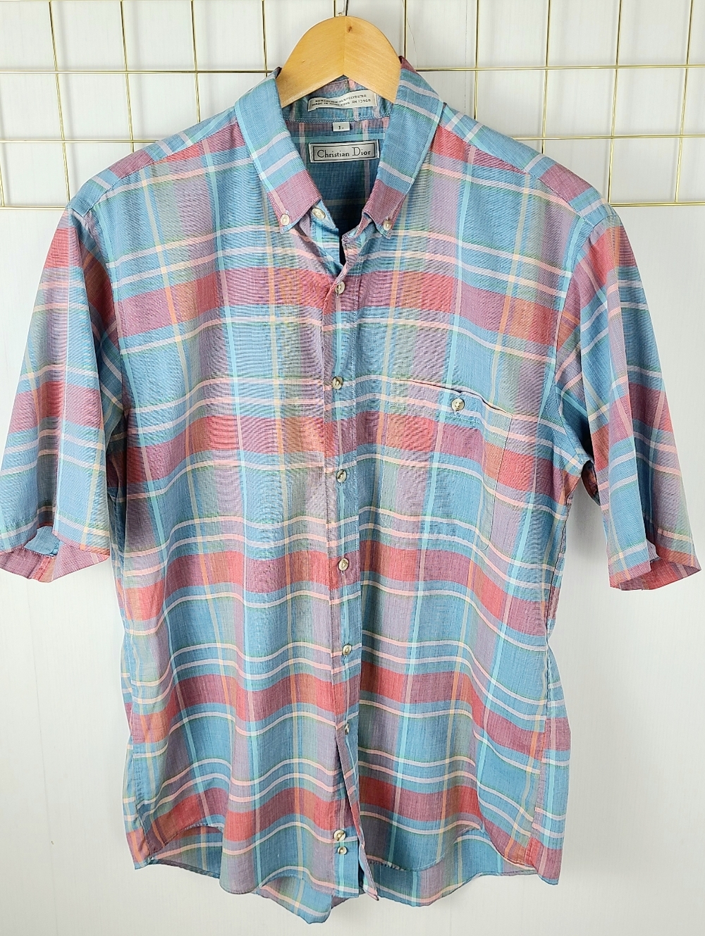 Christian Dior Madras Plaid Short Sleeve Vintage Button-Down Shirt
